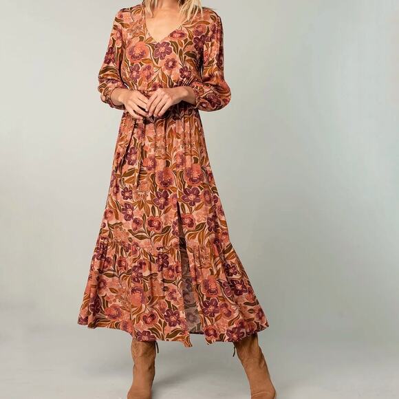 Lovestitch Tan Floral Elysse Maxi Dress Sz S - Picture 1 of 12